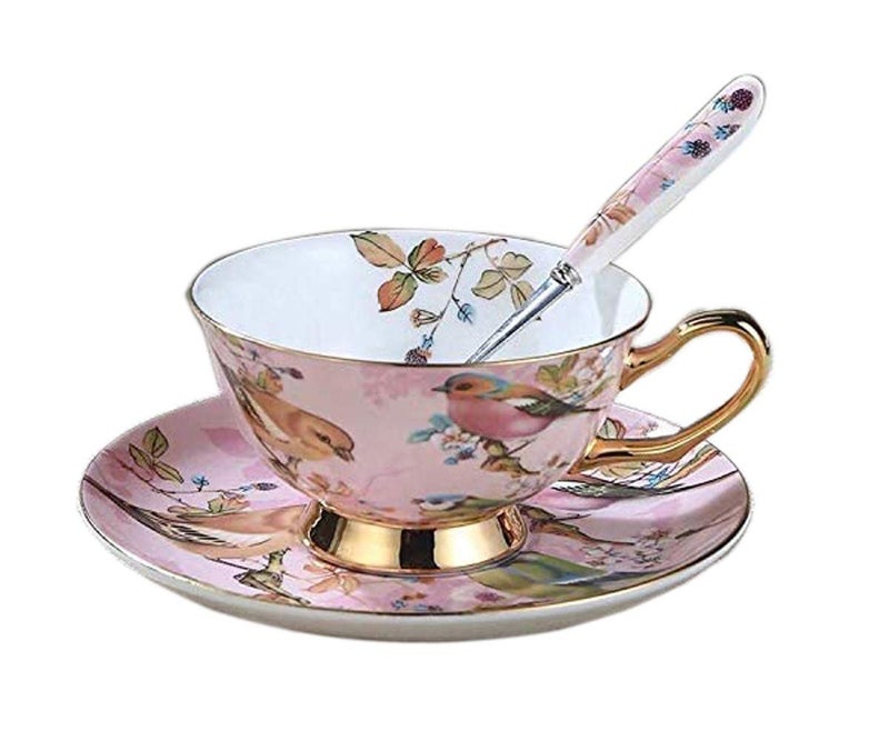 Eplze YBK Tech Euro Style Cup& Saucer Set Art Bone China Ceramic Tea Coffee Cup for Breakfast Home Kitchen- Birds and Trees Patterns (Light Pink) - Image 1